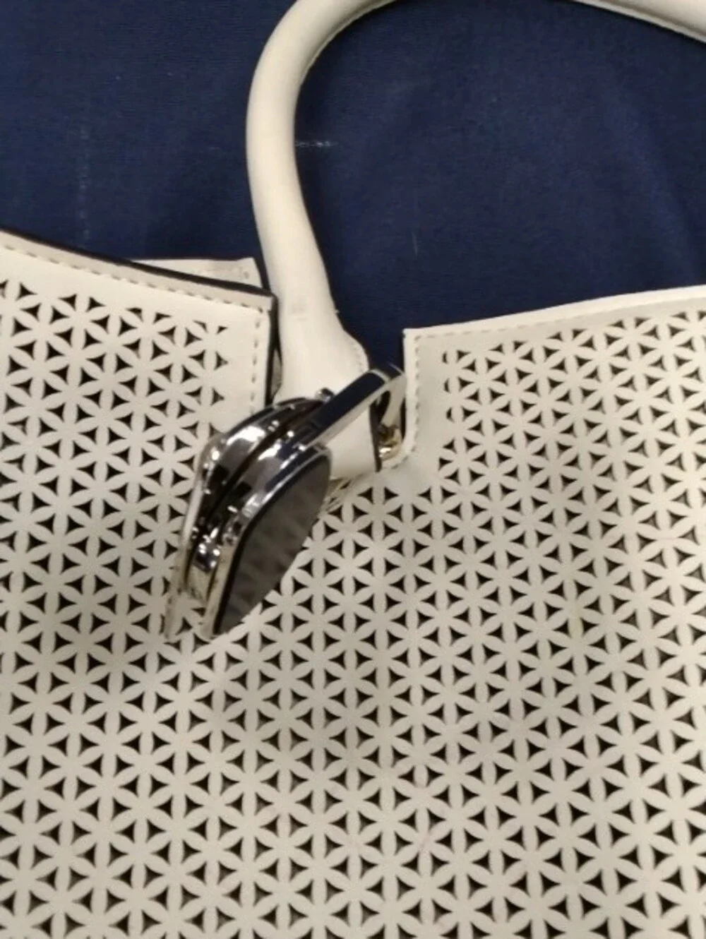 Source Unknown Light Cream Perforated Tote with Charm